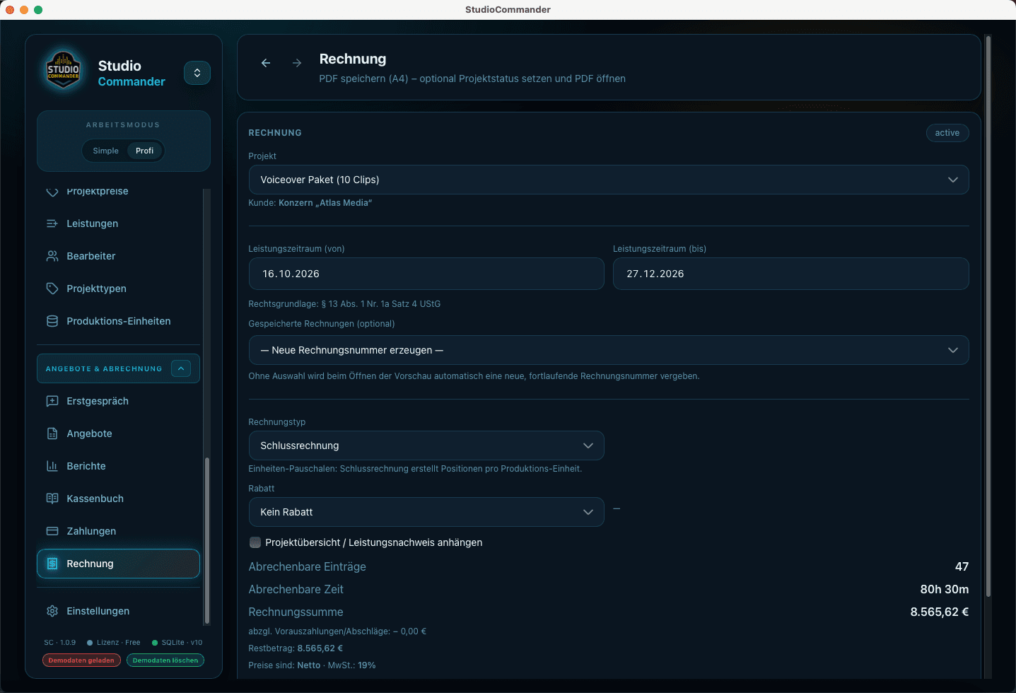 Rechnungsansicht in StudioCommander