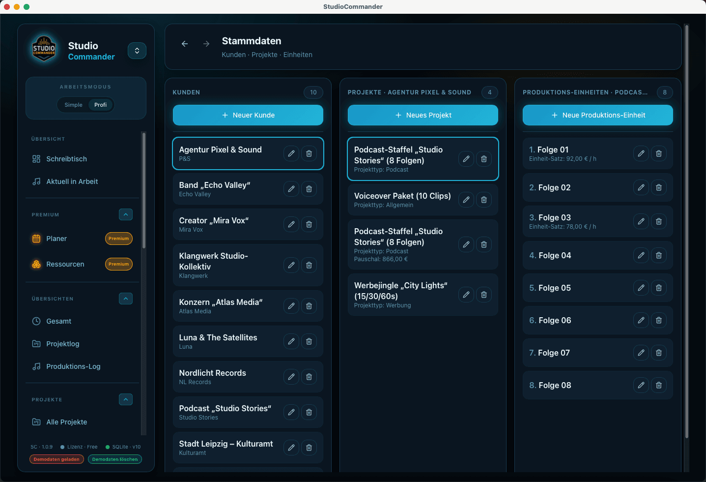 Kunden und Projekte in StudioCommander